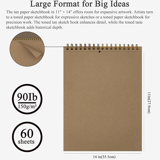 fuxi toned tan sketchbook 11x14 inch, 60 sheets, spiral bound - hard cover, acid-free drawing paper pad for artists, drawing, illustration & art students.