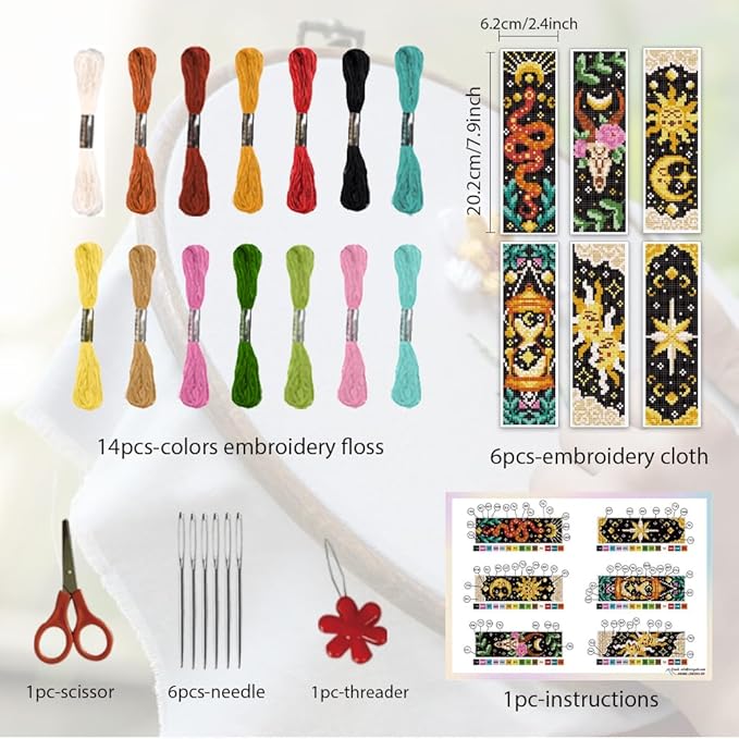 ORIGACH 6 Pcs Cross Stitch Bookmark Kit for Beginner Adults, Tarot The Sun and Star Stamped Embroidery Bookmark Kit with Instruction for Starters Printed Cross Stitch DIY Kits for Book Lovers