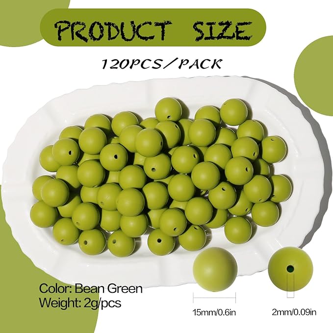 120pcs Richbunnys 15mm Bulk Silicone Beads for Pens and Keychain Making,Large Bead for Necklace and Bracelets Making,Assorted Rubber Beads Set（Bean Green）