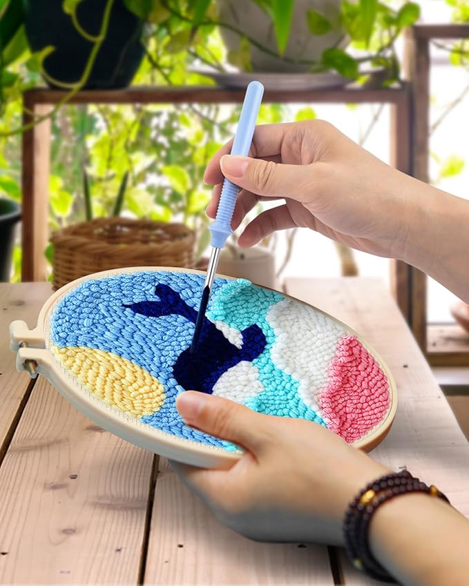 TINDTOP Punch Needle Kits, 3 Pack Punch Needle Embroidery Kits for Adults Beginner, Tool with Punch Needle Fabric, Hoops, Yarns and Sewing Needles (Whale)