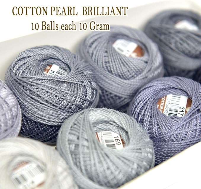 Double Mercerized Egyptian Long Staple Cotton Pearl Thread Ball 10 Grams Rainbow Color Embroidery Thread 10 Colors per Box for Crochet Hardanger Cross Stitch Hand Embroidery,Grey Series