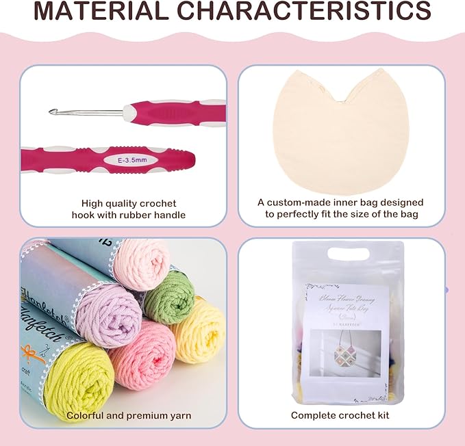 Hanfetch Crochet Kit for Advanced or Intermediate Beginner, Step by Step Video Tutorial and Detailed Guide Instruction DIY Craft Supplies for Adult and Kid with Complete Kit for Granny Square Tote Bag
