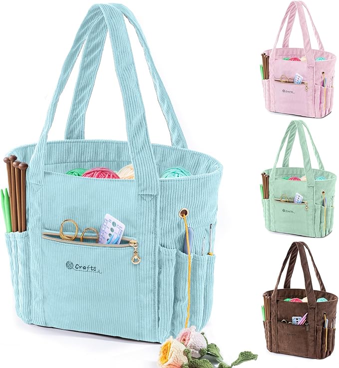 Corduroy Crochet Bag 11.5" Large Yarn Storage Tote with Grommets, Needle Holders – Knitting Bag Organizer for Crochet Hooks, Accessories, Tools & Projects –Gift for Knitters & Crafters