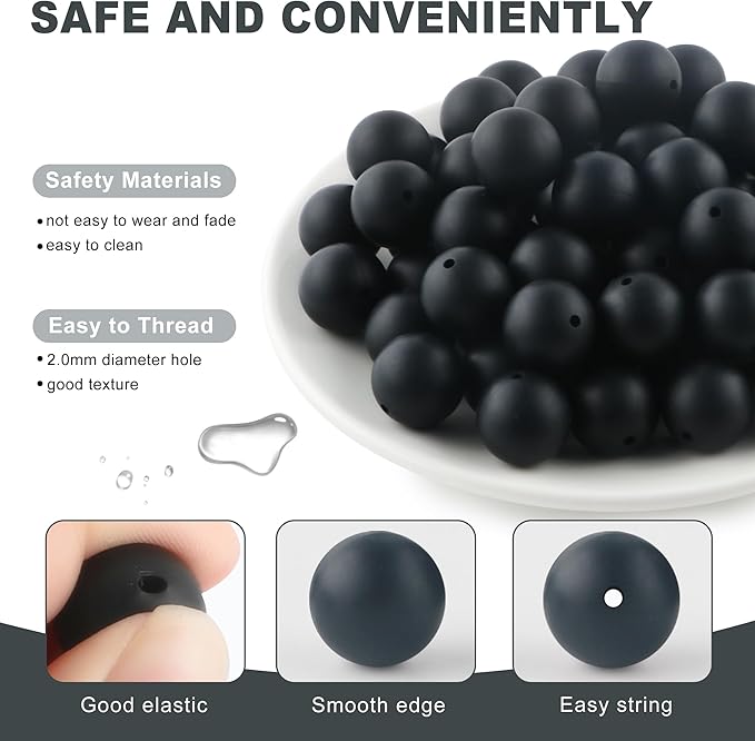 65Pcs 19mm Silicone Beads for Keychain Making Bracelet Necklace, Bulk Round Silicone Beads for Pens（Black）