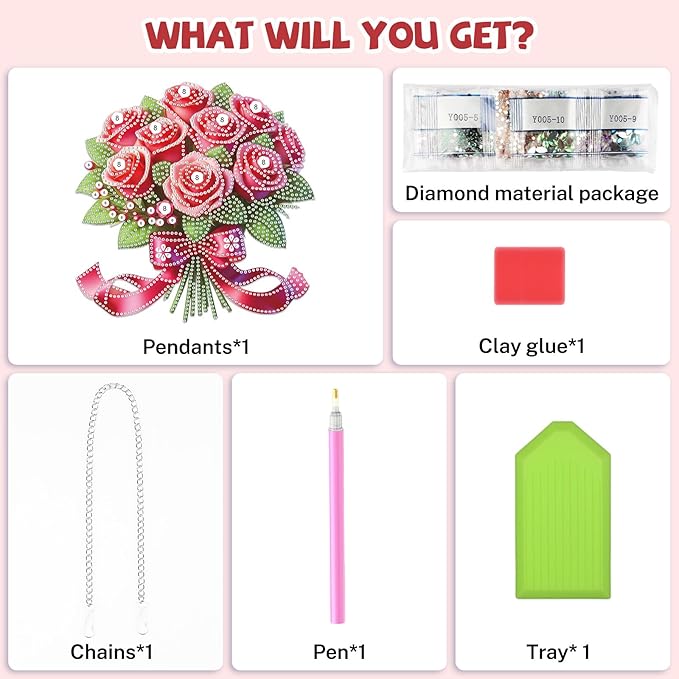 Bowetile Valentine's Day Diamond Art Hanging Kits for Adults, Diamond Art Suncatchers Pink Roses, 5D Special Shape Diamond Painting Flowers Pendant Window Ornament Gifts for Home Door Wall Decor