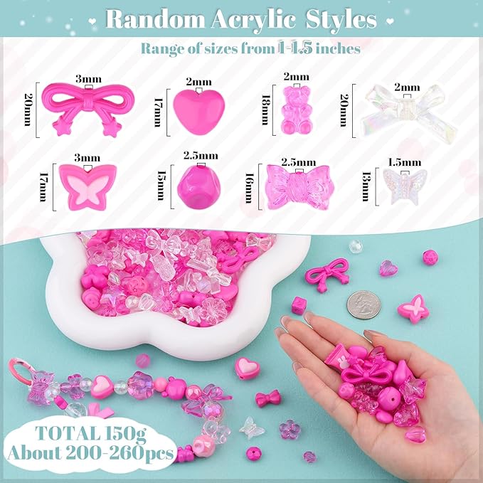 200-260PCS TINKRSTUFF Assorted Acrylic Beads Rose Pink Cute Beads for Bracelet Making,Bow Star Aesthetic Flower Butterfly GummyBear Kawaii Charms for Jewelry Necklace Making DIY Keychain Phone Charm