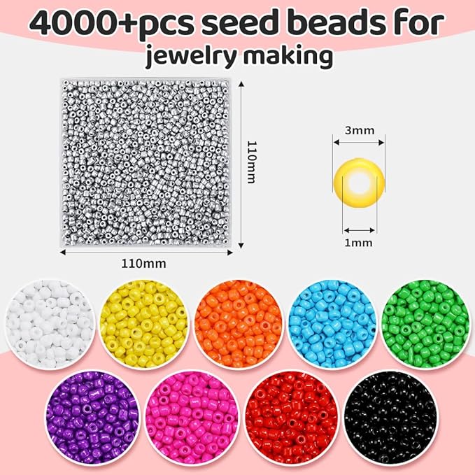 IOOLEEM Silver Colored Seed Beads, 4000+ pcs 3mm Glass Beads for Jewelry Making & Bracelets Making