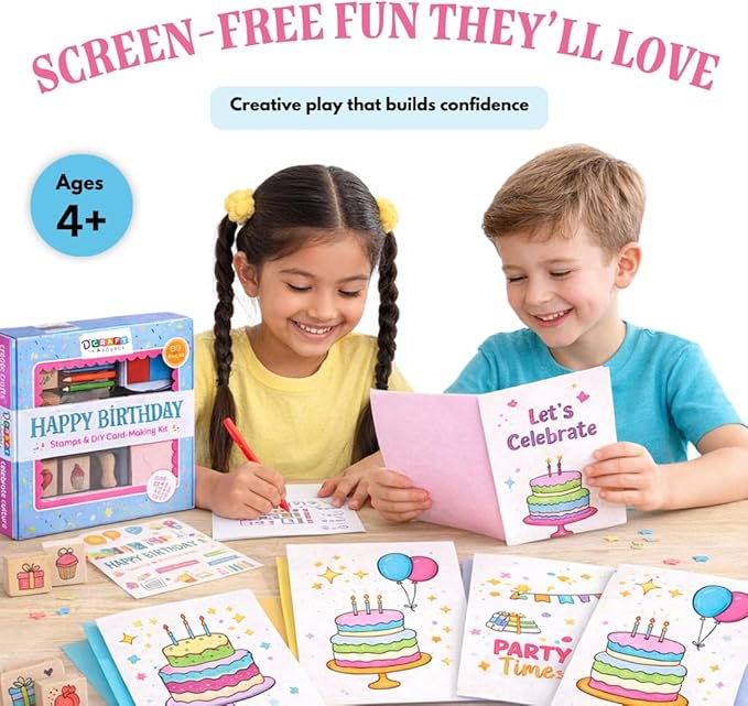 Birthday Card Making Kit for Kids – DIY Craft Kit with Wooden Stamps, Cards, Stickers & Ink Pad – Makes 12 Cards – Party Activity & Gift for Ages 4+