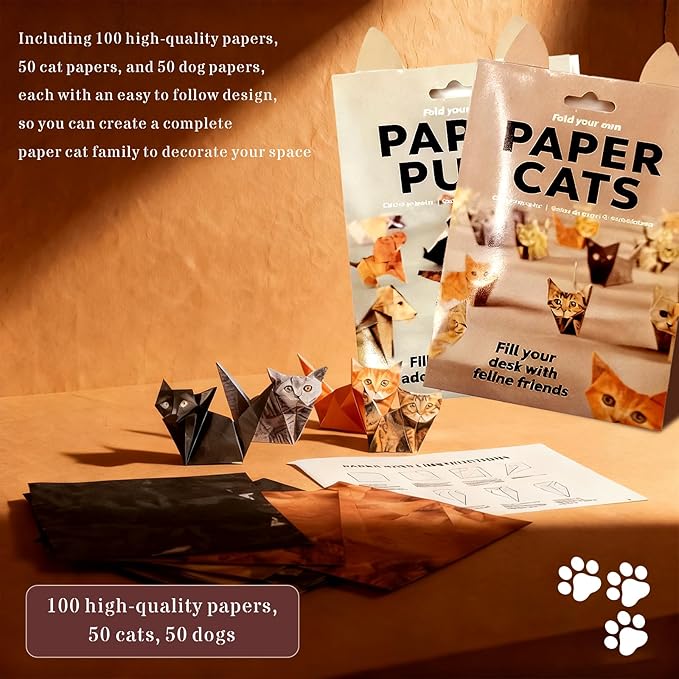 100 Sheets 3D Cat Origami Kit - DIY Foldable Paper Animals, Desk Decor & Craft Gift for Cat Lovers, Adults & Teens