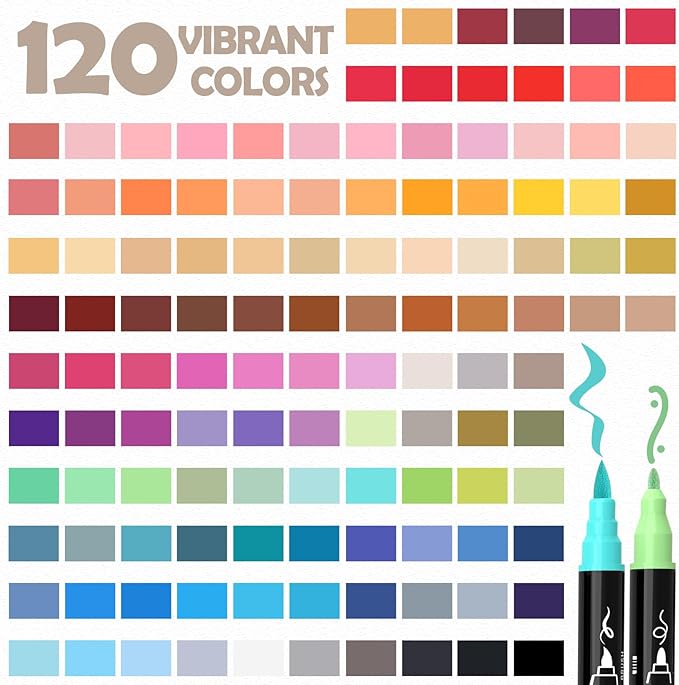 120 Colors Acrylic Paint Markers Waterproof Dual Tip Acrylic Paint Pens with Brush & Fine Tip Professional Marker Set Scrapbook Markers for Paper Rock Wood Fabric Glass Ceramic and DIY Crafts