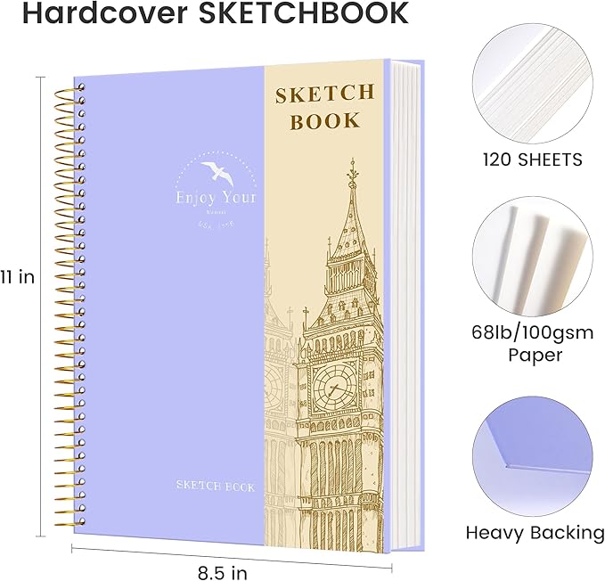FLYING EAGLE Hardcover Sketchbook for Drawing 8.5 x 11 Spiral Sketch Book for Adults Women Kids with 100gsm 68lb 120 Sheets Premium Paper Sketch Pad for Drawing Books Notebook Art Supplies, Purple