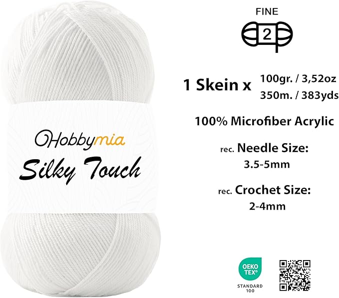 Silky Touch Acrylic Yarn - Soft Sport Weight Yarn for Crochet & Knitting - 100g / 383yds - 100% Microfiber Acrylic - Lightweight Fine Smooth Yarn(White - White, 1 Skein)