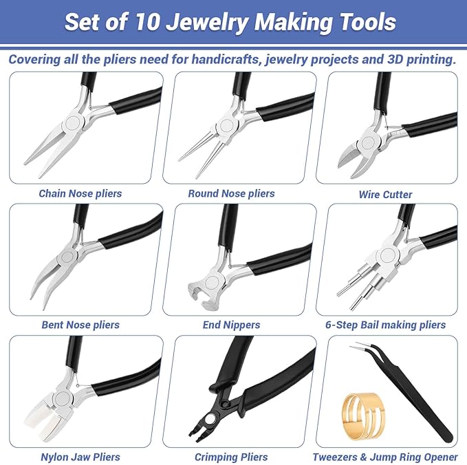 shynek 10 Pieces Jewelry Pliers Tools Set, Jewelry Making Tools Include 8 Pieces Pliers, Jump Ring Opener, Tweezers for Wire Wrapping, 3D Printing Projects and Other DIY Projects