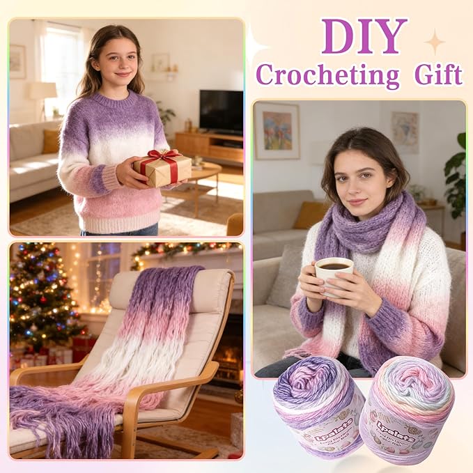 Ombre Yarn for Crocheting - 4x100g Soft 60% Cotton 40% Acrylic Yarn - 962 Yds Gradient Cake Yarns for Knitting Shawls Blankets Sweater with 2 Crochet Hooks (4, Purple Gradient)
