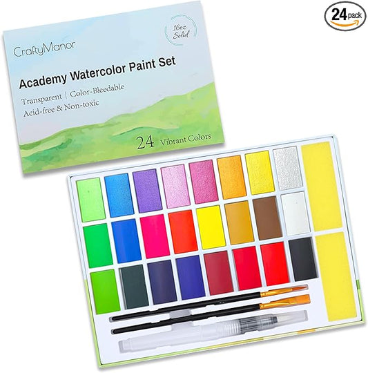 24 Colors Large Block Watercolor Paint Set for Watercolors Workbook, Portable Water Colors Paint Kit with 2 Paintbrushes 1 Waterbrush, for Painting Beginners & Professional Amateur Hobbyists(12Classic +8 Metallic +4 Fluorescent )