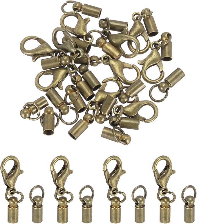 MECCANIXITY Fold Over Cord End Caps Bronze 3mm OD with Crimp Covers Lobster Claw Clasps DIY Jewelry Making for Bracelets and Necklaces Crafting 20 Pcs