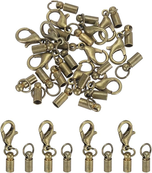 MECCANIXITY Fold Over Cord End Caps Bronze 3mm OD with Crimp Covers Lobster Claw Clasps DIY Jewelry Making for Bracelets and Necklaces Crafting 20 Pcs