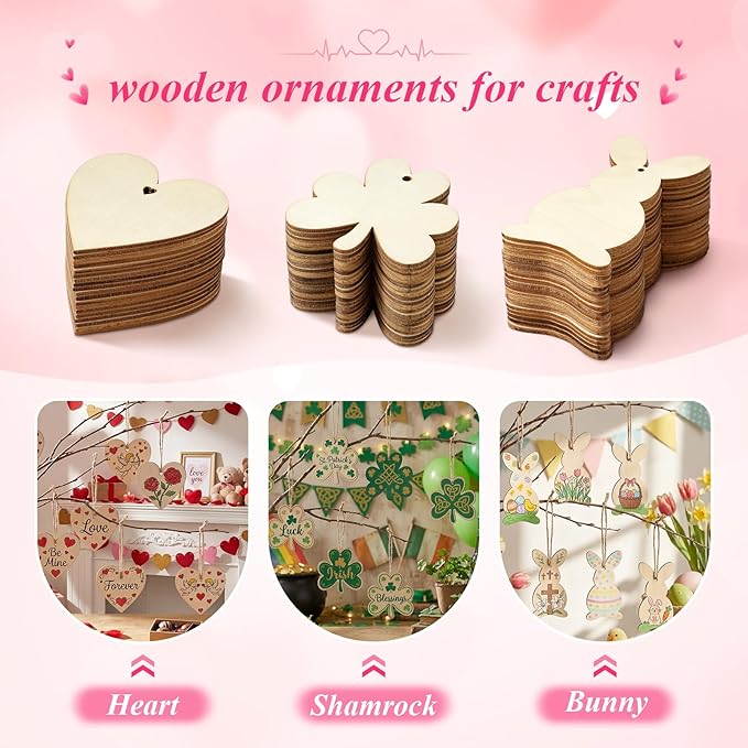 Novabright 60 Pcs St. Patrick's Day Wood Shapes for Crafts Blank Shamrock Bunny Heart Ornament to Paint Wooden Art Craft Supplies Painting Kit for Teen Party, Holiday Garland Hanging Decorations