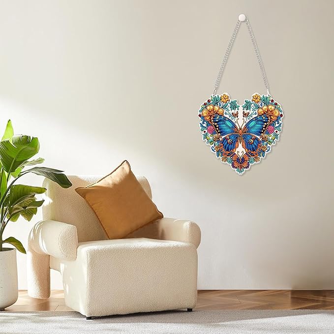 MOGTAA Butterfly Diamond Art Hanging Pendant Kits, 5D Special Shape Diamond Art Kits for Adults, Crystal Rhinestones Flowers Diamond Painting Gem Art for Home Garden Wall Decor