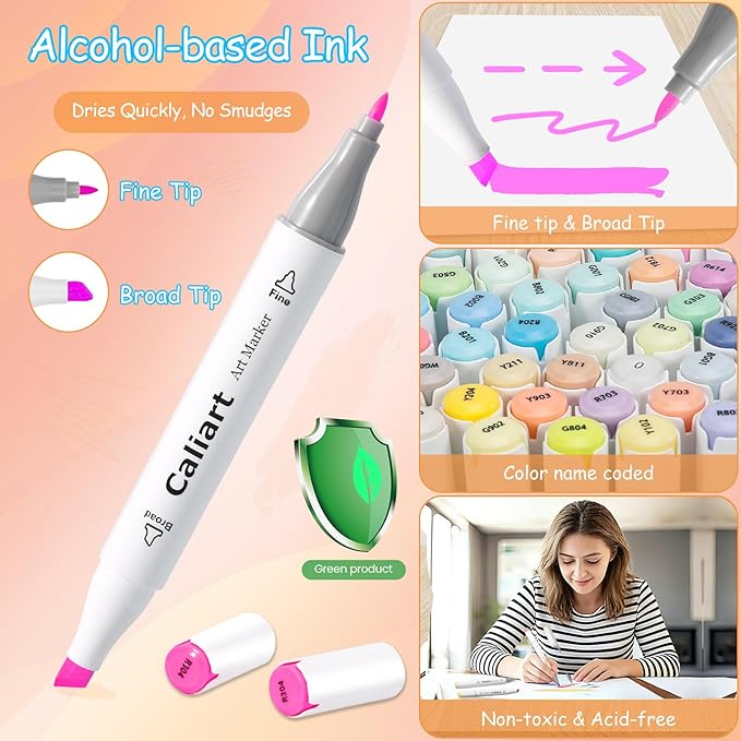 caliart pastel markers, 61 colors dual tip art markers sketch pens permanent alcohol based, with case for adults artists drawing illustration sketching coloring