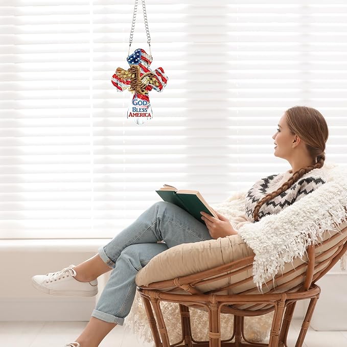 God Bless America Diamond Painting Hanging Ornament - Patriotic Cross with Eagle & American Flag - DIY 5D Diamond Art Kit with Chain - Independence Day Home Decor - Handmade Beaded Sun Catcher Gift