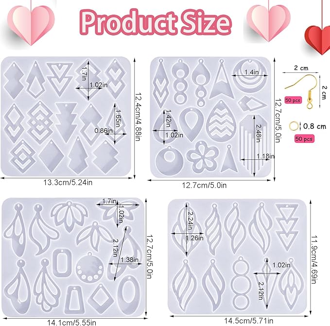 104Pcs Geometric Resin Earring Molds Kit, Irregular Shaped Earrings Silicone Mold for Epoxy Resin Dangle Drop Jewelry Molds Making Kit with 100 Earring Hook for Earrings Necklace Pendants (clear)