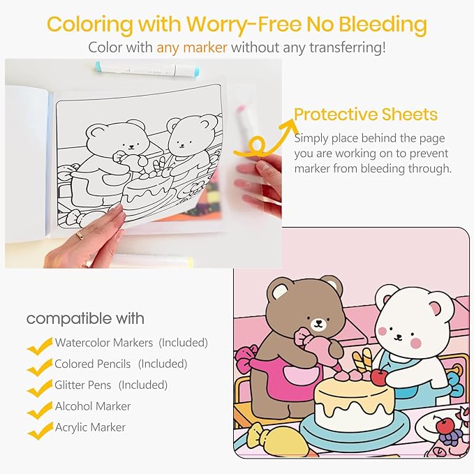 Cute Coloring Book Set for Teens Adults Relaxation, Easy and Simple Designs Coloring Book for Teens Girls, Stress Relief Gifts for Women with 36 Colors Markers & 12 Glitter Pens & 12 Colored Pencils