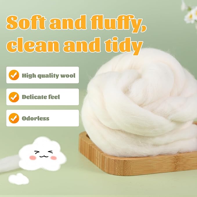 3.53oz Wool Roving, Fiber Roving Wool Top, Needle Felting Supplies, Pure Wools, Chunky Yarn, Spinning Wools for Needle Felting Wet DIY Hand Spinning (Natural White)