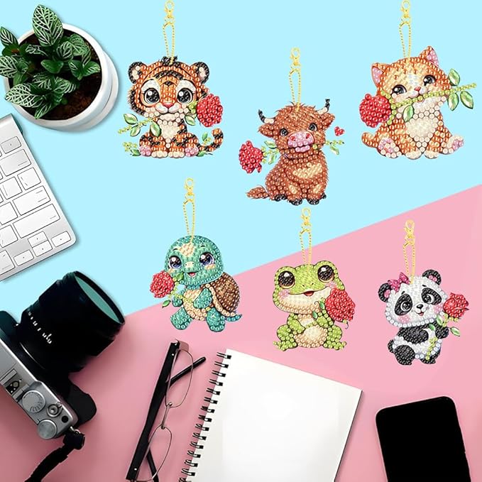 Masendp 8 Piece 5D DIY Animal Diamond Painting Double Sided Keychain Set, Flower Diamond Pendant Hanging Animal Art Decoration for Adult Beginner Pack Birthday Family Party Decoration