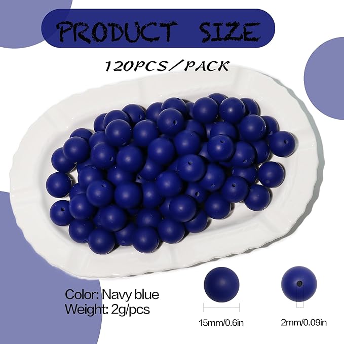 120pcs Richbunnys 15mm Bulk Silicone Beads for Pens and Keychain Making,Large Bead for Necklace and Bracelets Making,Assorted Rubber Beads Set(Navy Blue)