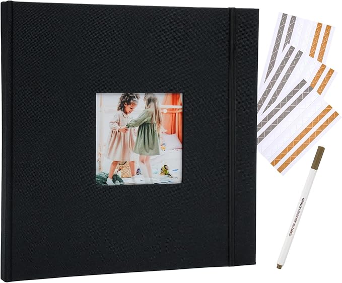 Scrapbook Album, 10"x10" DIY Photo Album with Square Window Linen Cover Kraft Paper 32 Sheets, Stylish Memory Book for Wedding, Anniversary, Family, Travel, Black