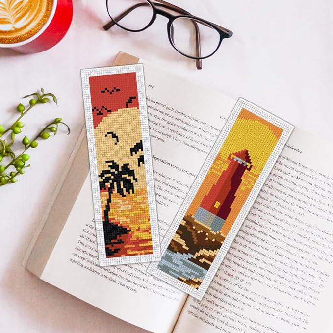 ORIGACH 6 Pcs Cross Stitch Bookmark Kit for Beginner Adults, Sunset Landscapes Stamped Embroidery Bookmark Kit with Instruction for Starters Printed Cross Stitch DIY Kits for Book Lovers