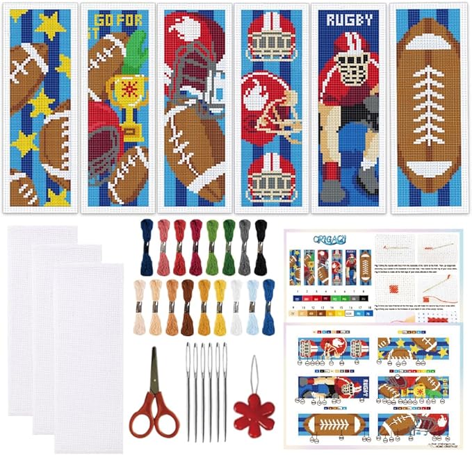 ORIGACH 6 Set Rugby Cross Stitch Bookmark Kit for Beginner with Backing Felt Floss Instructions DIY Stamped Embroidery Bookmark Kit for Adults, Book Lovers