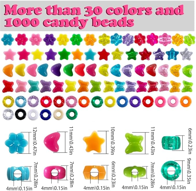 MIIIM 1000Pcs 6x9mm Glitter Pony Beads Shapes for Friendship Bracelet, Large Hole Assorted Kandi Beads in 5 Styles, Star, Heart, Butterfly, Flower, for Hair Braids, Jewelry Making