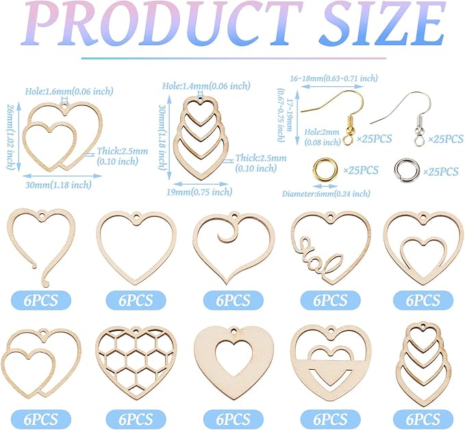Elecrelive 60pcs Valentine's Day Wooden Earring Set Wooden Heart Charms Unfinished Wood Charms Wood Cutout Earrings for DIY Earring Necklace Jewelry Making