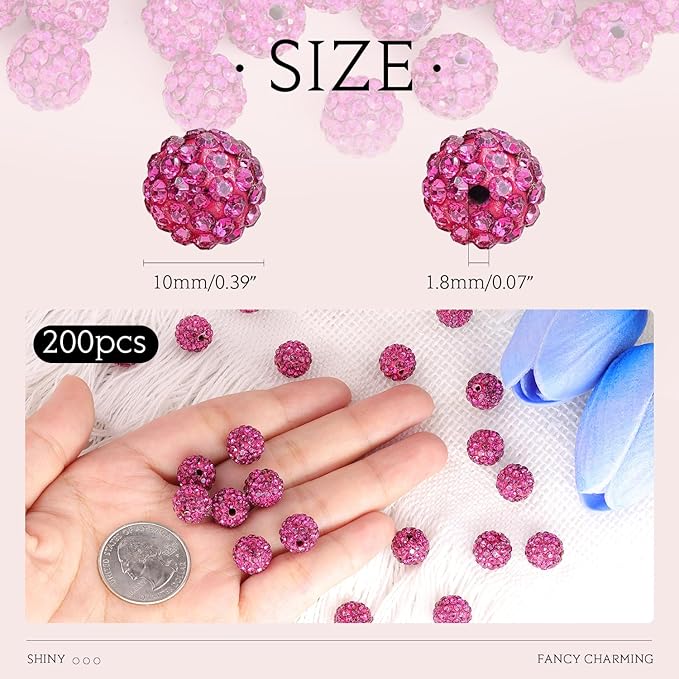 200pcs 10mm Fuchsia Rhinestone Beads for Jewelry Making, Shiny Round Shamballa Disco Ball Beads Bulk, Sparkle Crystal Clay Christmas for Bracelet Baseball Necklace Earring Crafting and DIY