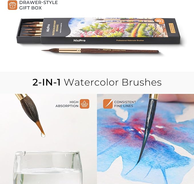 Nicpro 8 PCS Professional Watercolor Brushes, Extended Needle Point Brush Set, Sable Watercolor Brushes with Synthetic Extra Long Tip for Fine Detailing - Watercolor Acrylic Gouache Inks Painting