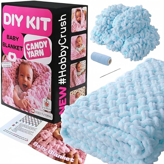 Beginner Craft Kit – Easy Loop Yarn Baby Blanket Kit for Adults & Kids, DIY Arm Knitting Kit with Soft Chenille Yarn, Perfect Handmade Gift (Blue)