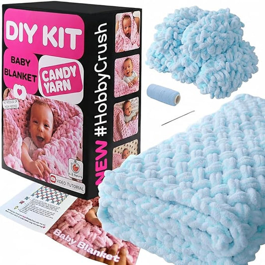Beginner Craft Kit – Easy Loop Yarn Baby Blanket Kit for Adults & Kids, DIY Arm Knitting Kit with Soft Chenille Yarn, Perfect Handmade Gift (Blue)