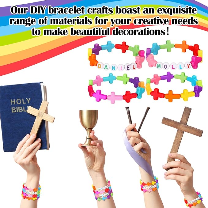 Highergo 1200 Pcs Easter Cross Beads for Jewelry Making, Religious Beaded Bracelet DIY Bead Craft Kit Stretch 944 Inch Elastic Cord for Spring Easter Sunday School VBS Party Decor