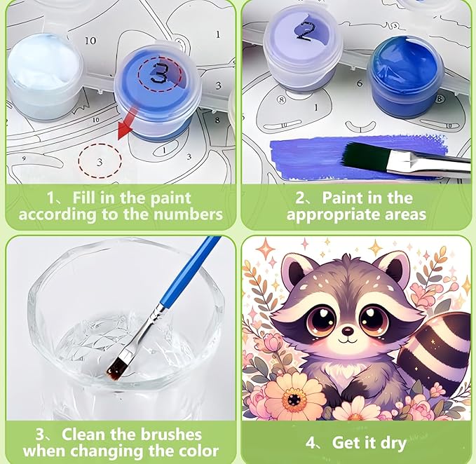 Reivworl Paint by Numbers Kit for Kids with Frame and Easel, Raccoon Paint by Number for Kids Age 6-8-12, Acrylic Paint by Numbers for Gifts and Home Decor (8X8 inch)