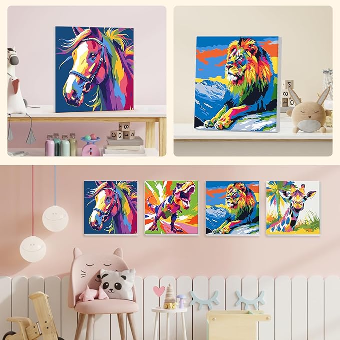 4 Pack Paint by Numbers Kit for Kids Beginner with Wooden Frame, Colorful Horse, Dinosaur, Lion, Giraffe, Paint by Numbers Kit for Adults, Rainbow Animal, Painting Kits for Home Wall Decor 8x8 inch