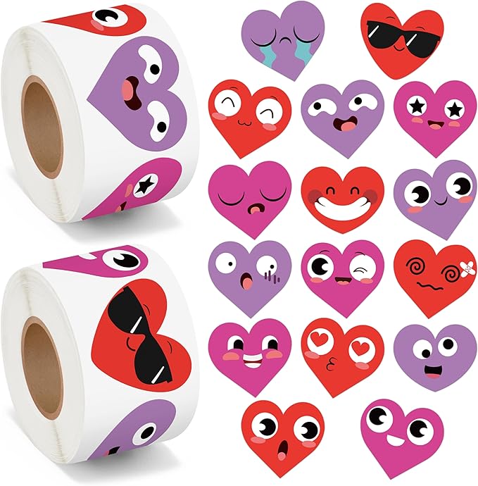 beyumi valentine smile face sticker - 1000pcs valentine's day heart shaped smile face stickers in 2 rolls cute valentine heart waterproof adhesive decal greeting card envelope party gift decor for kid