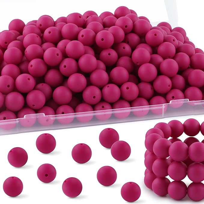 150Pcs 15mm Silicone Beads for Keychain Making Bracelet Necklace, Bulk Round Silicone Beads for Pens(Magenta)