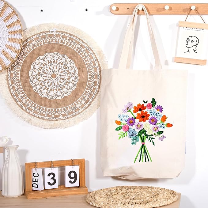 CREAWONDER Canvas Tote Bag Embroidery Kit with Pattern for Beginners, Arts and DIY Embroidery Crafts Kits for Adults, Include Instructions, Thimble, Embroidery Hoops, Color Threads and Tool