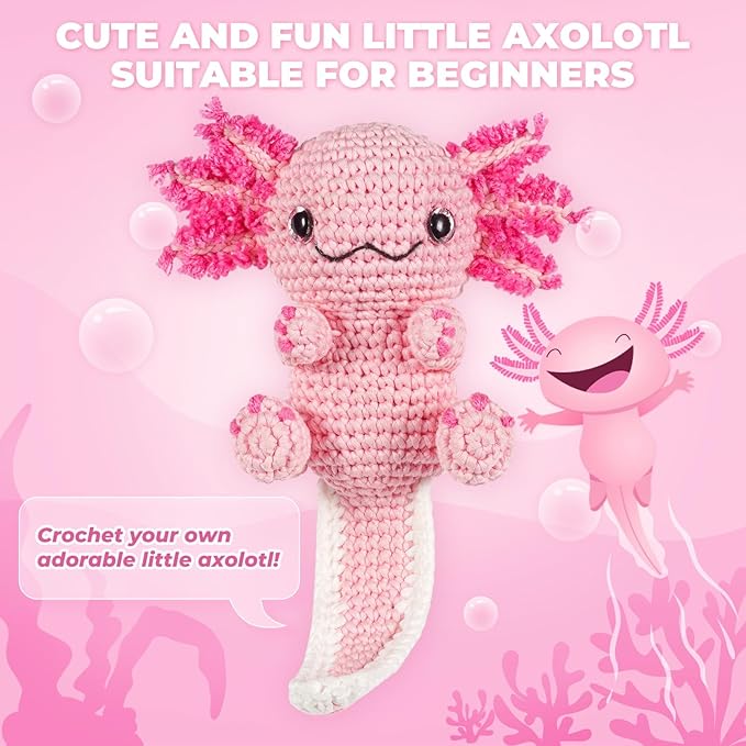MOREJMTT Crochet Kit for Beginners, Learn to Crochet, Include Easy Knitting Soft Yarn, Step-by-Step Video Tutorial, Hook, Holiday Birthday Gift for Adults (Happy Axolotl)