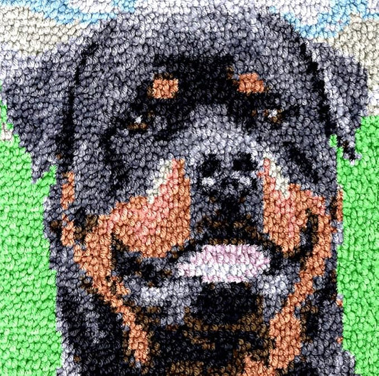 Rottweiler Latch Hook Rug Kit for Adults DIY Carpet Chair Cushion with Printed Canvas Crochet Yarn Craft Hook and Latch Tapestry for Stools Decoration Pets Warm Pads 40x40cm