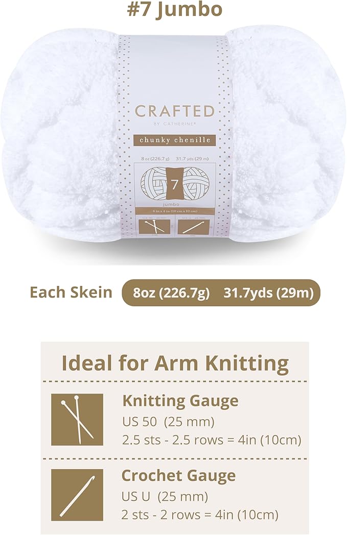 Crafted by Catherine Chunky Chenille Yarn - 2 Pack (8 oz / 227 g, 31.7 Yards Each Skein), White, Gauge 7 Jumbo