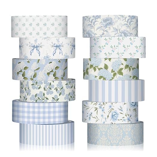 12 Rolls Watercolor Floral Washi Tape Set 15 mm Vintage Flower Decorative Masking Tape for Spring Arts DIY Craft Scrapbook Journal Supplies Gift Wrapping(Dusty Blue,Rose and Hydrangea)
