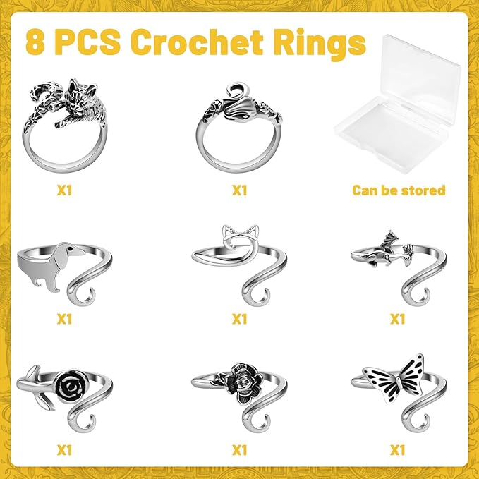 MARFOREVER 8 Pcs Crochet Rings, 8 Styles Adjustable Adjustable Tension Ring Loops for Fingers Yarn Guide Knitting Crochet Accessories with Box for Women Mom Crocheters Grandma Gift